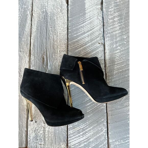 Michael Kors Black Suede Booties with Gold Accent Heels Size 7M - Picture 1 of 13